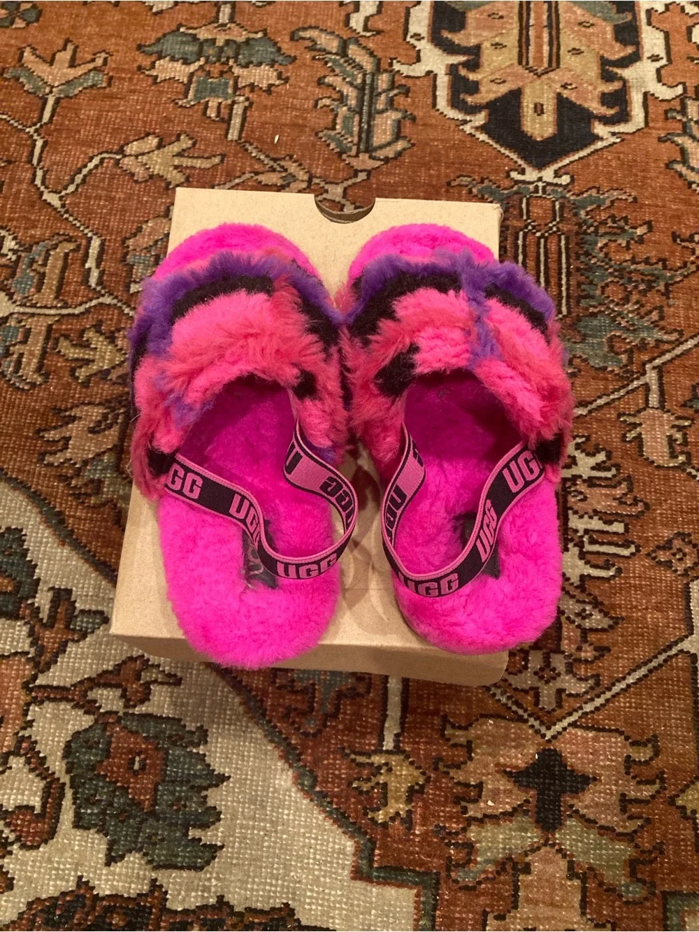 UGG Kids Fuzzy Slide Sandals in Hot Pink and Purple